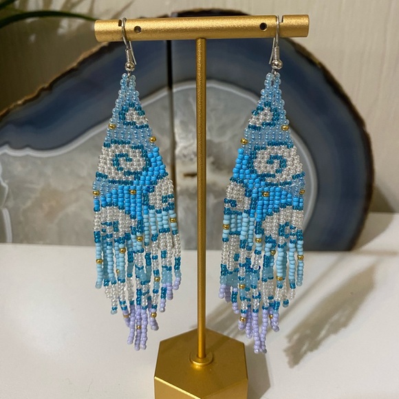 Handmade Jewelry - Blue and Silver Chandelier Earrings with Intricate Beaded Design